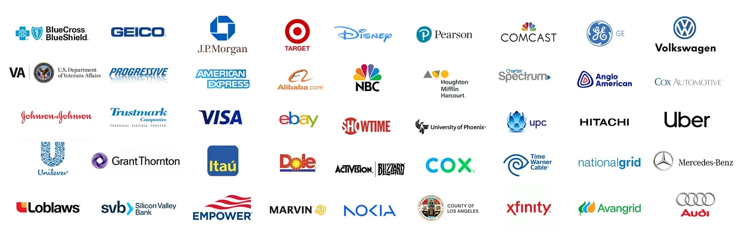 Client logos including Fortune 500 companies and innovative startups