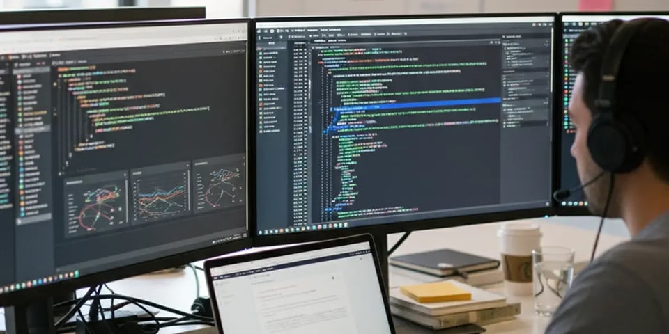 A male software engineer working at multiple monitors displaying coding interfaces in an technology company office