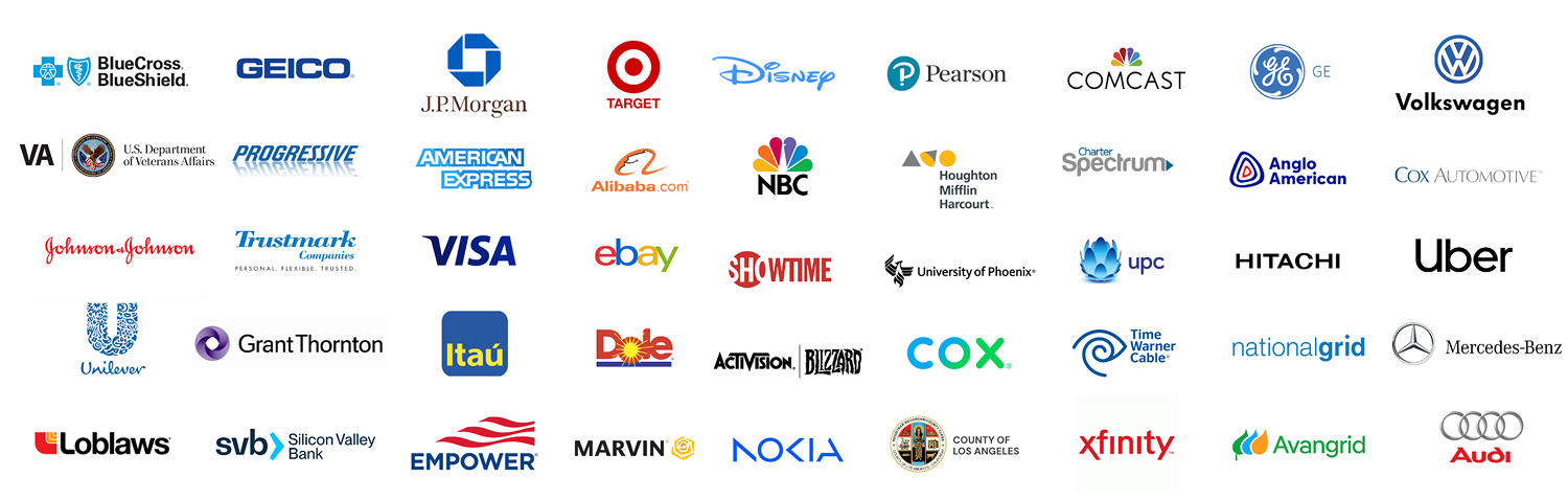 Logos of past and current clients including Blue Cross, Progressive, Visa, Target,  Disney, Pearson, GE, Volkswagen, VA, Geico, AmEx, NBC, Xfinity, Hitachi, Uber, LA county, JPMorgan, Ebay, Mercedes Benz, UPC, Anglo American, Alibaba, Houghton Mifflin, Trustmark, Showtime, Charter, Nationalgrid
