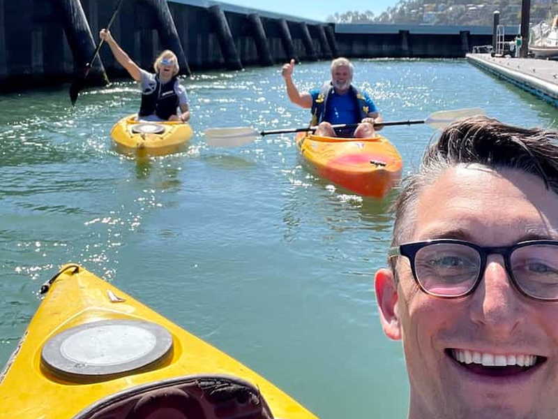 Digital foundry software consultants kayak in Tiburon harbor during the lunch break.
