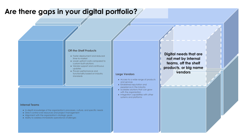 diagram representing the compilation of digital capabilities that large enterprises need including internal teams, off the shelf products, large vendors, and custom solutions